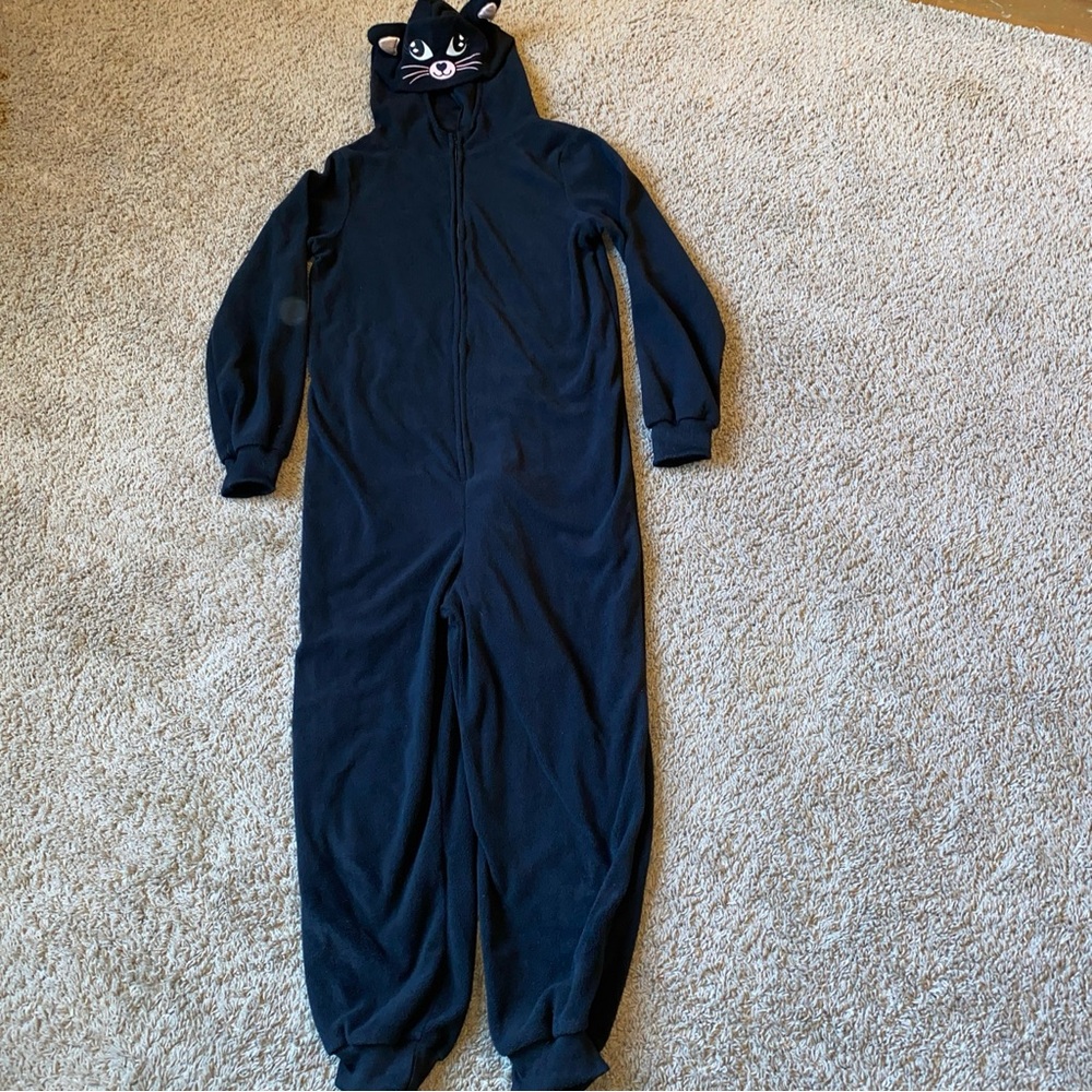 Black Cat Hooded One Piece FLEECE Size 12 14 Pajamas Zip Up with Tail Footless